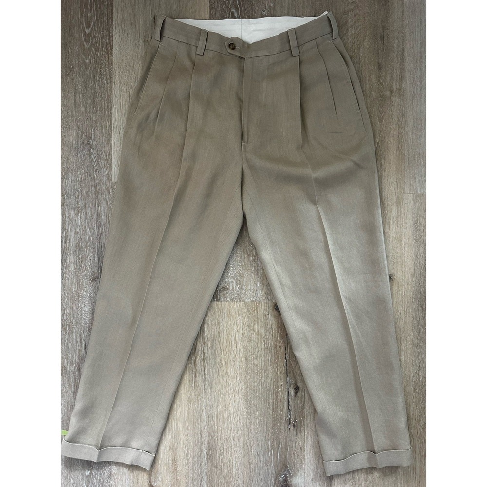 Jos‎ A Bank Travelers Collection 100% Linen Dress Pants 34x29 Tan Pleated Cuffed